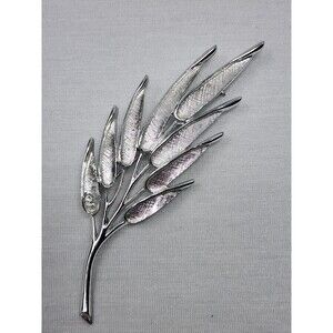 Vintage Signed Judy Lee Silver Tone Brushed Leaves Brooch Pin Textured 60s Glam